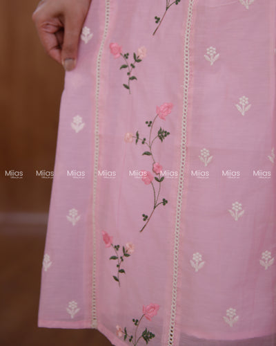 Mul Chanderi Dress Kurti | Embroidered Front + Lace + Lined | Baby Pink