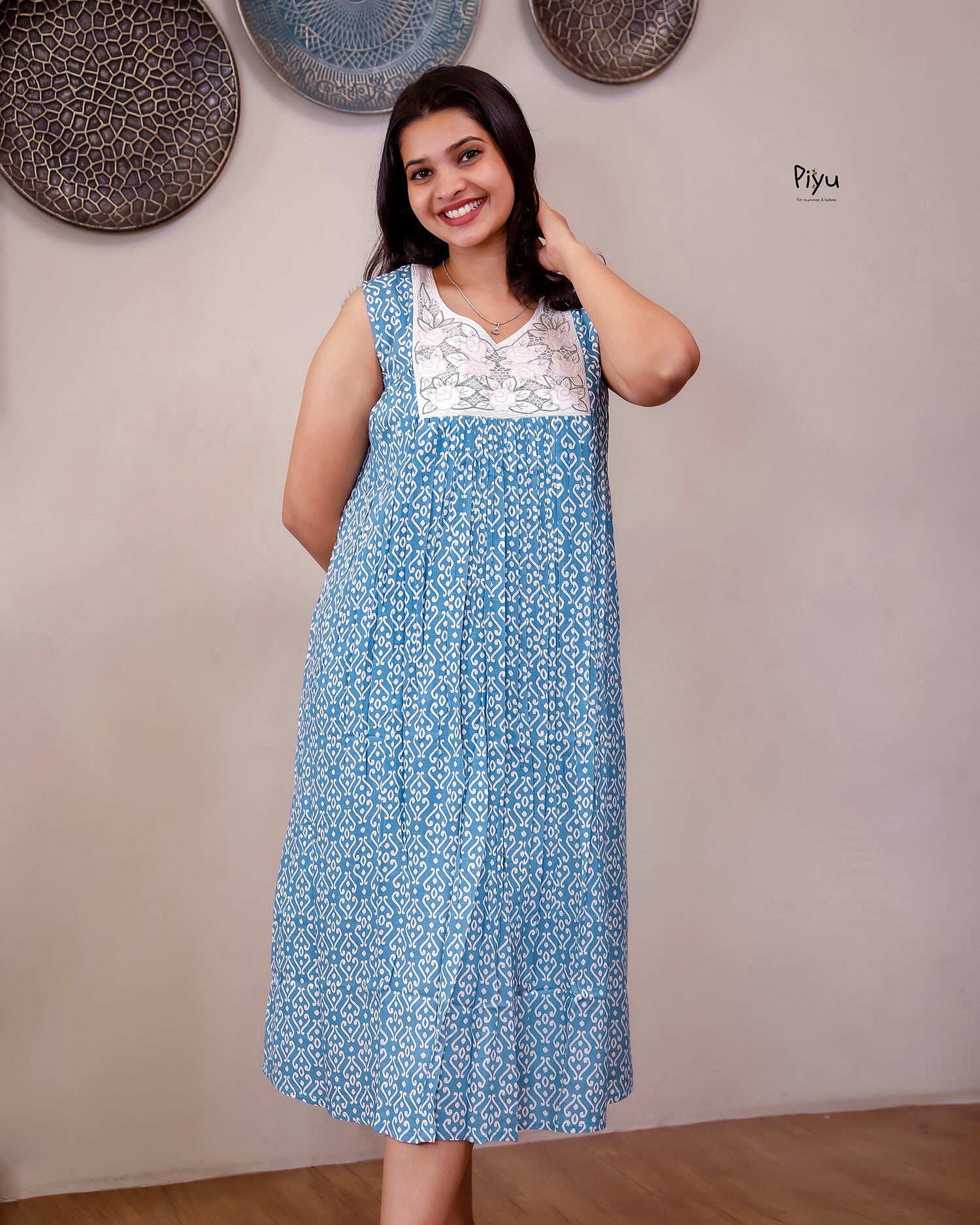 Cotton Nursing Dress - Hidden Zip & Pocket-Light Blue