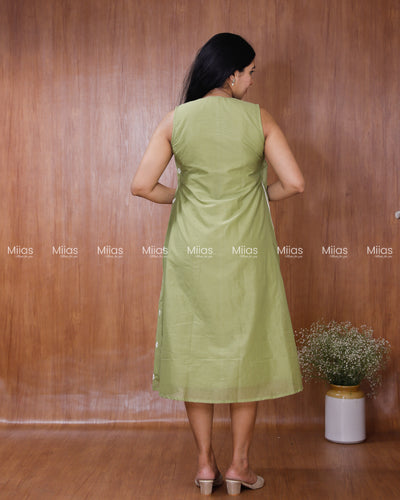 Mul Chanderi Dress Kurti | Embroidered Front + Sleeveless + Lined | Pastel Green