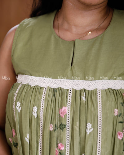 Mul Chanderi Dress Kurti | Embroidered Front + Sleeveless + Lined | Pastel Green
