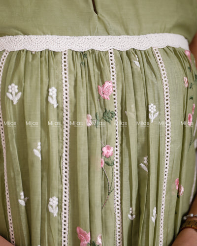 Mul Chanderi Dress Kurti | Embroidered Front + Sleeveless + Lined | Pastel Green