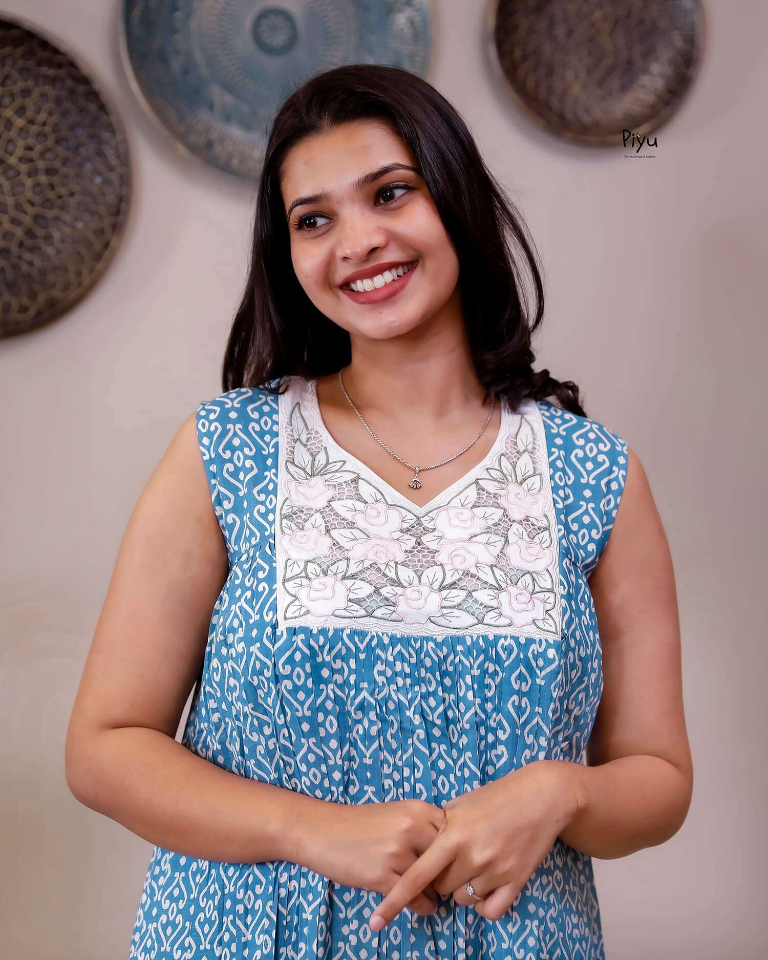 Cotton Nursing Dress - Hidden Zip & Pocket-Light Blue