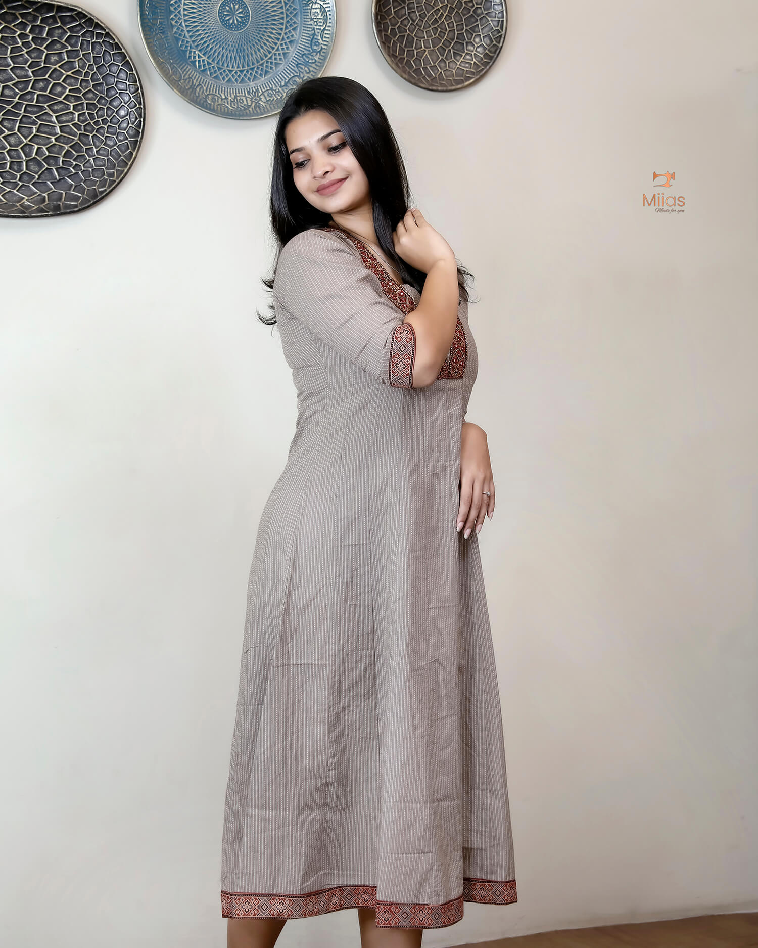 Kantha Cotton Kurti | Panel Cut with Ajrakh Print-Stone Gray.