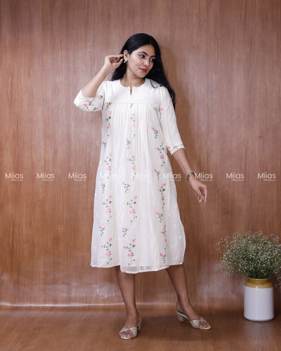 Mul Chanderi Dress Kurti | Embroidered Front + Lace + Lined | White
