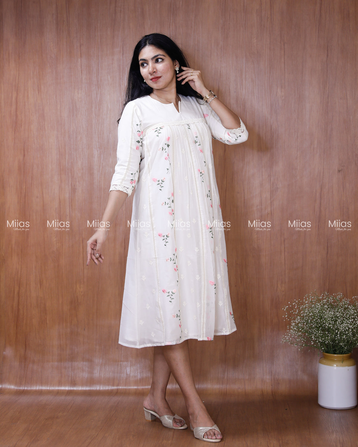 Mul Chanderi Dress Kurti | Embroidered Front + Lace + Lined | White