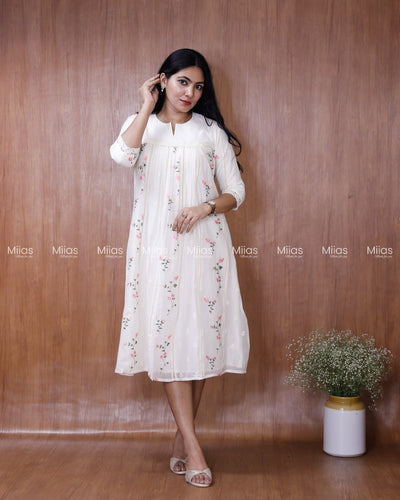 Mul Chanderi Dress Kurti | Embroidered Front + Lace + Lined | White