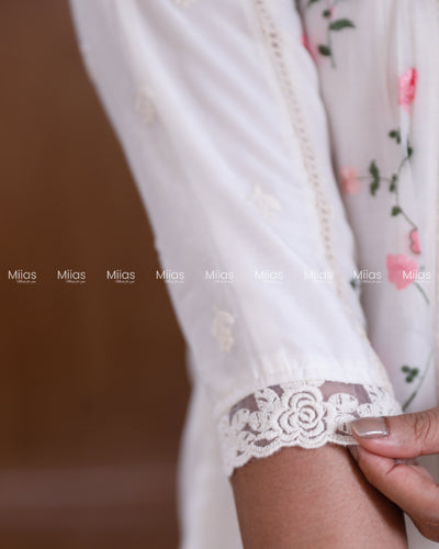 Mul Chanderi Dress Kurti | Embroidered Front + Lace + Lined | White