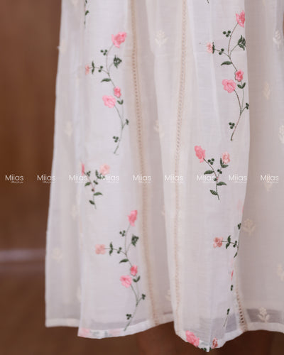 Mul Chanderi Dress Kurti | Embroidered Front + Lace + Lined | White