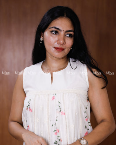 Mul Chanderi Dress Kurti | Embroidered Front + Sleeveless + Lined | White