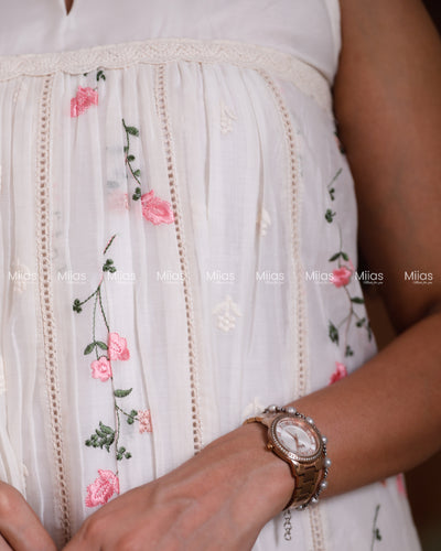 Mul Chanderi Dress Kurti | Embroidered Front + Sleeveless + Lined | White