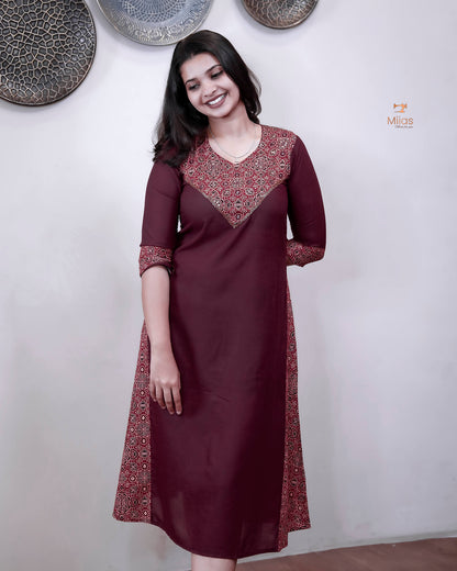 Cotton A-Line Kurti with Ajrakh Patchwork & Mirror Work-Wine Red