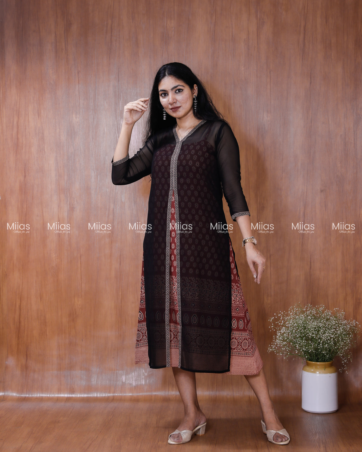 Georgette Two-Piece Set | Ajrakh Border Jacket + A-Line Dress | Black & Brick Red