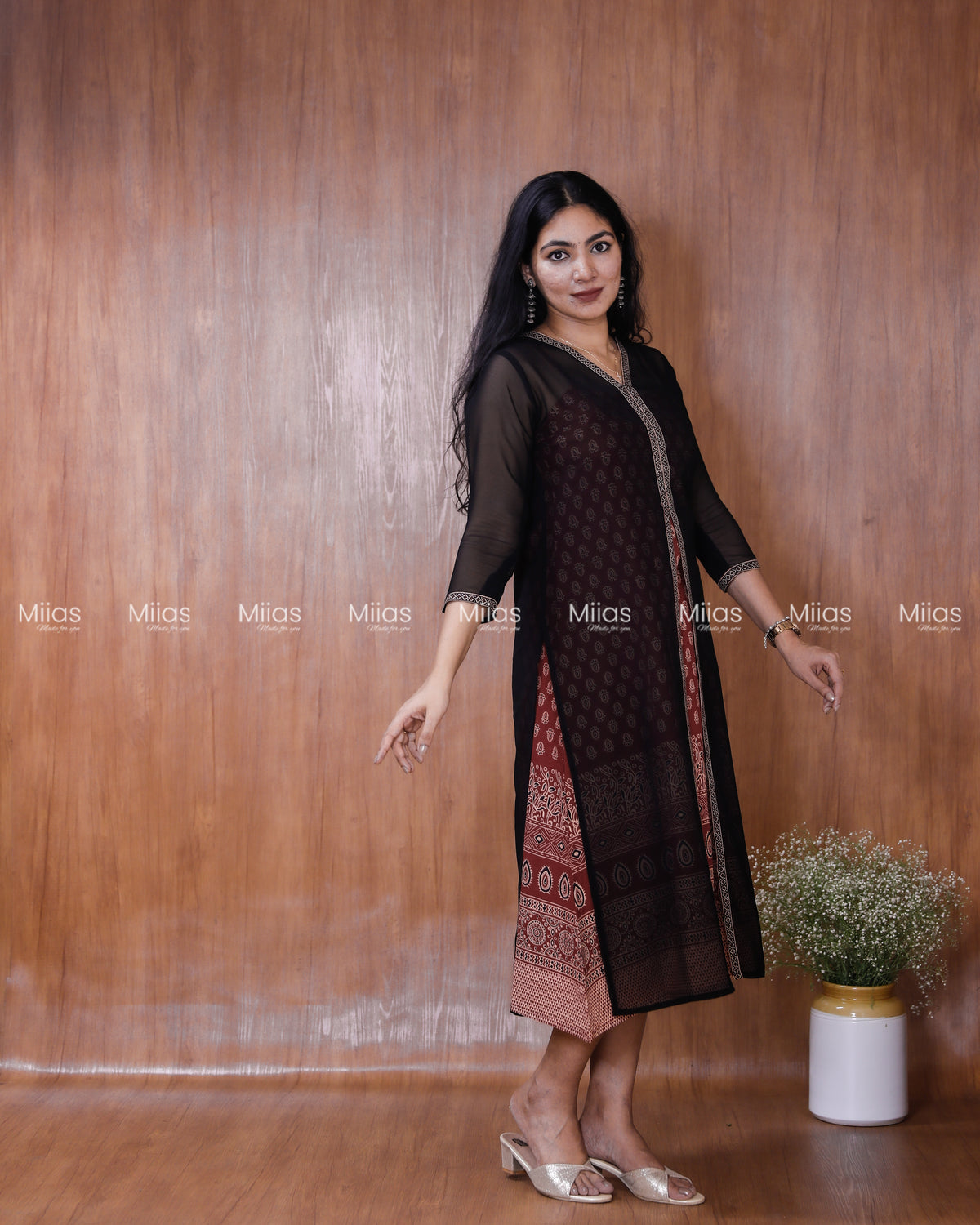 Georgette Two-Piece Set | Ajrakh Border Jacket + A-Line Dress | Black & Brick Red