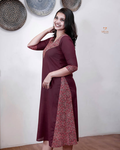 Cotton A-Line Kurti with Ajrakh Patchwork & Mirror Work-Wine Red