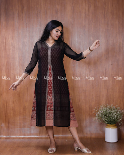 Georgette Two-Piece Set | Ajrakh Border Jacket + A-Line Dress | Black & Brick Red