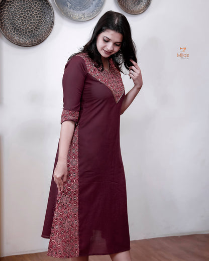 Cotton A-Line Kurti with Ajrakh Patchwork & Mirror Work-Wine Red
