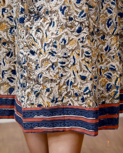 Handcrafted Kalamkari Kurti with Mirror Work & Contrast Borders
