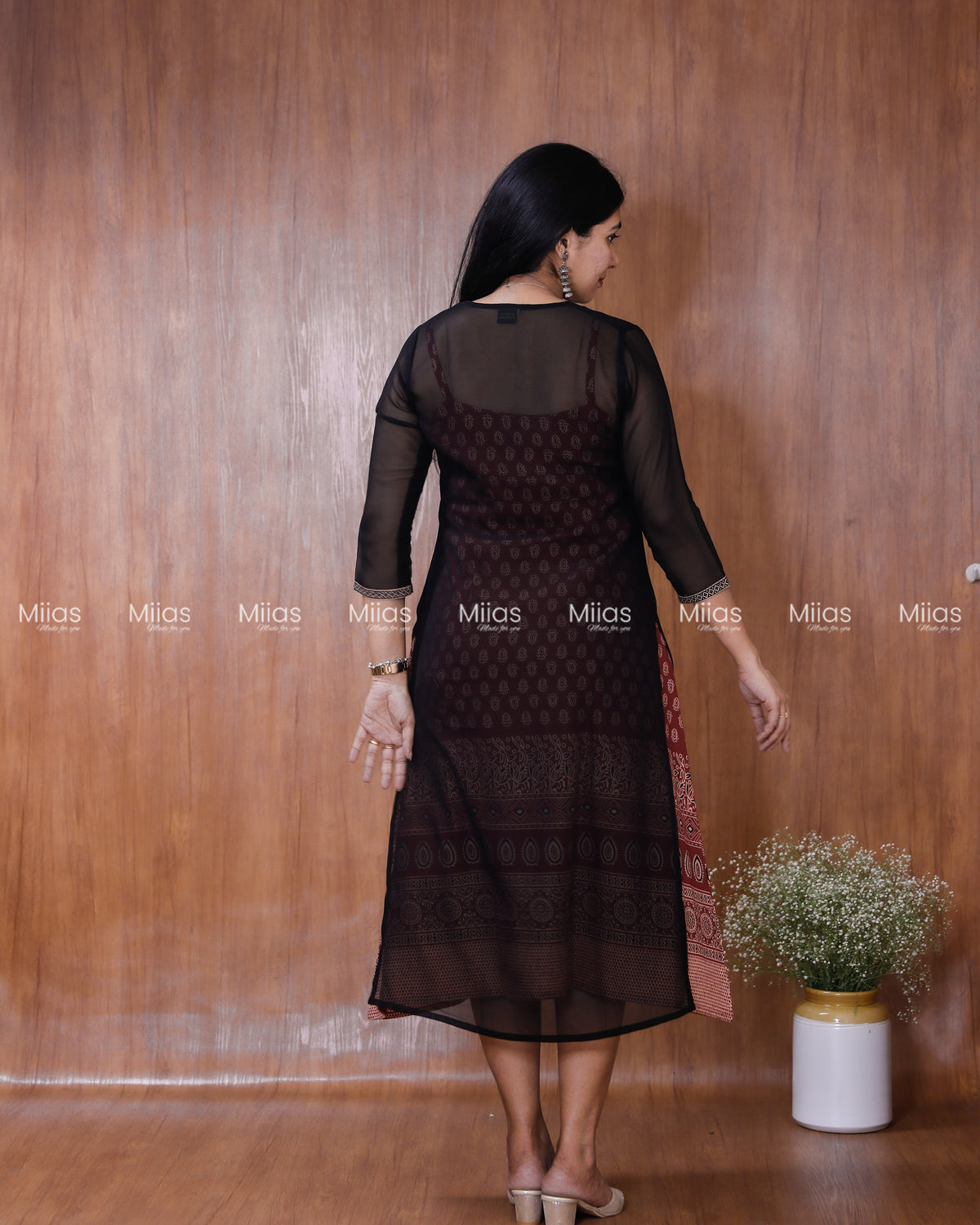 Georgette Two-Piece Set | Ajrakh Border Jacket + A-Line Dress | Black & Brick Red