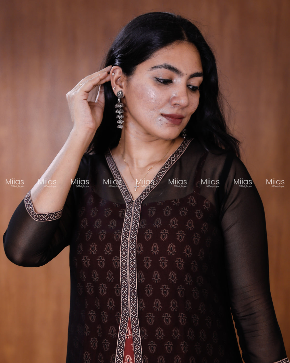 Georgette Two-Piece Set | Ajrakh Border Jacket + A-Line Dress | Black & Brick Red