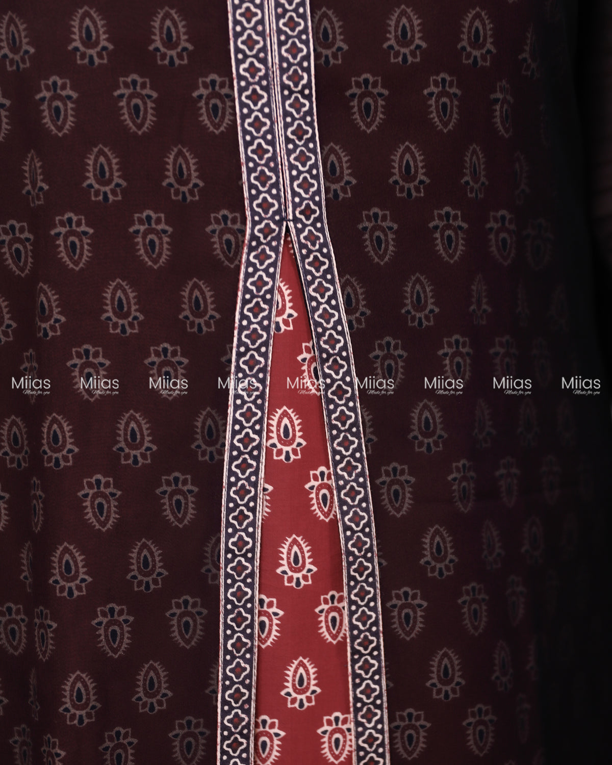 Georgette Two-Piece Set | Ajrakh Border Jacket + A-Line Dress | Black & Brick Red