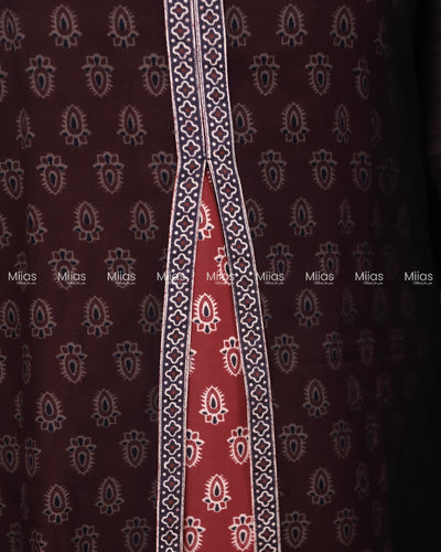 Georgette Two-Piece Set | Ajrakh Border Jacket + A-Line Dress | Black & Brick Red
