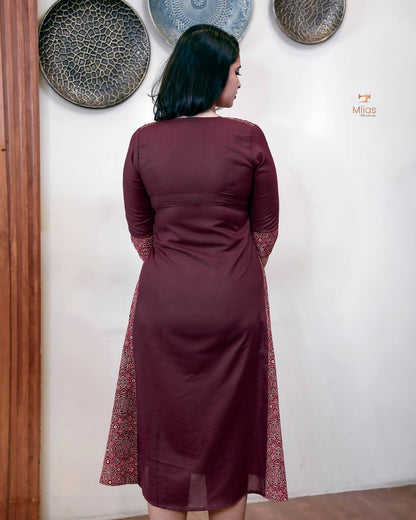 Cotton A-Line Kurti with Ajrakh Patchwork & Mirror Work-Wine Red