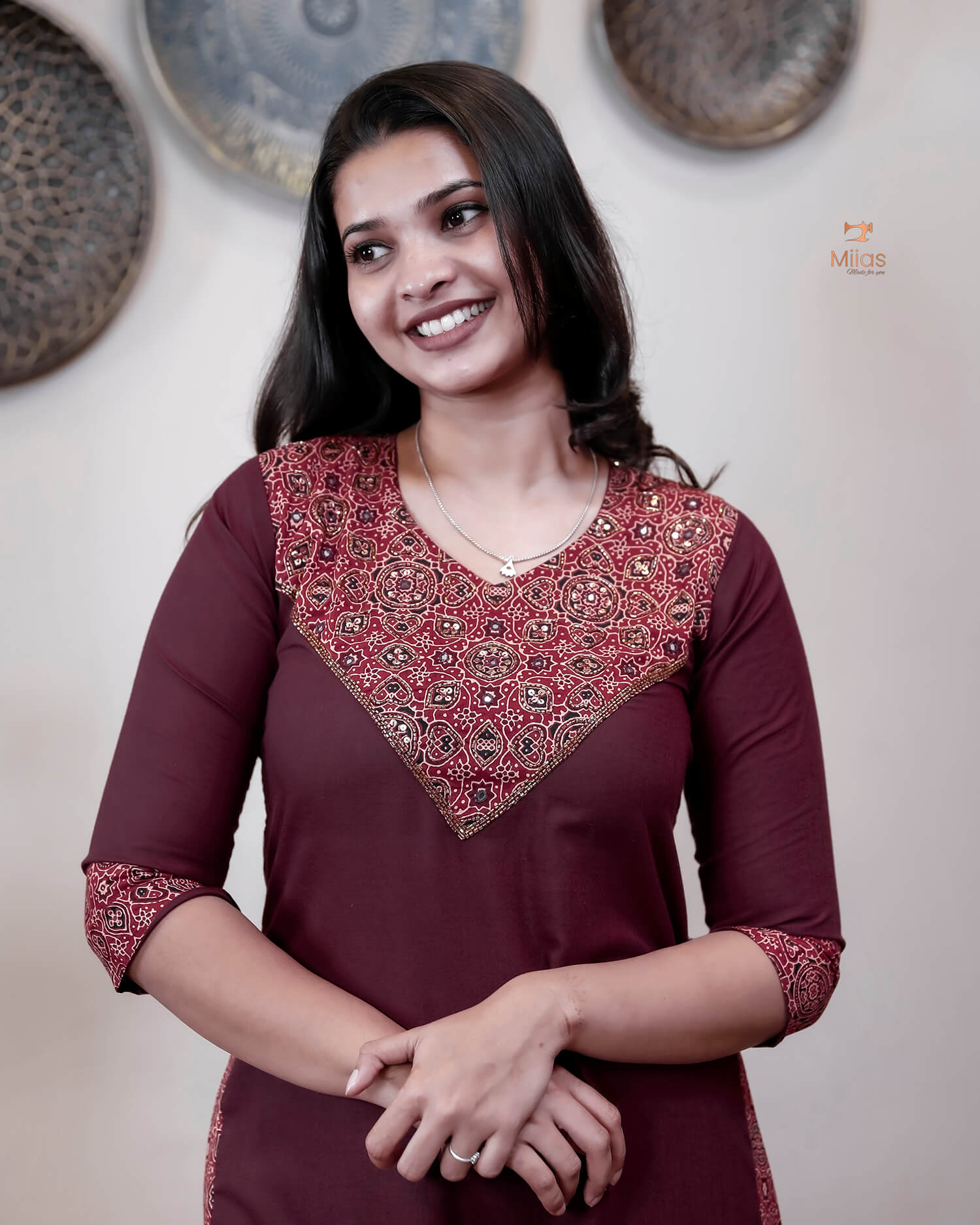 Cotton A-Line Kurti with Ajrakh Patchwork & Mirror Work-Wine Red