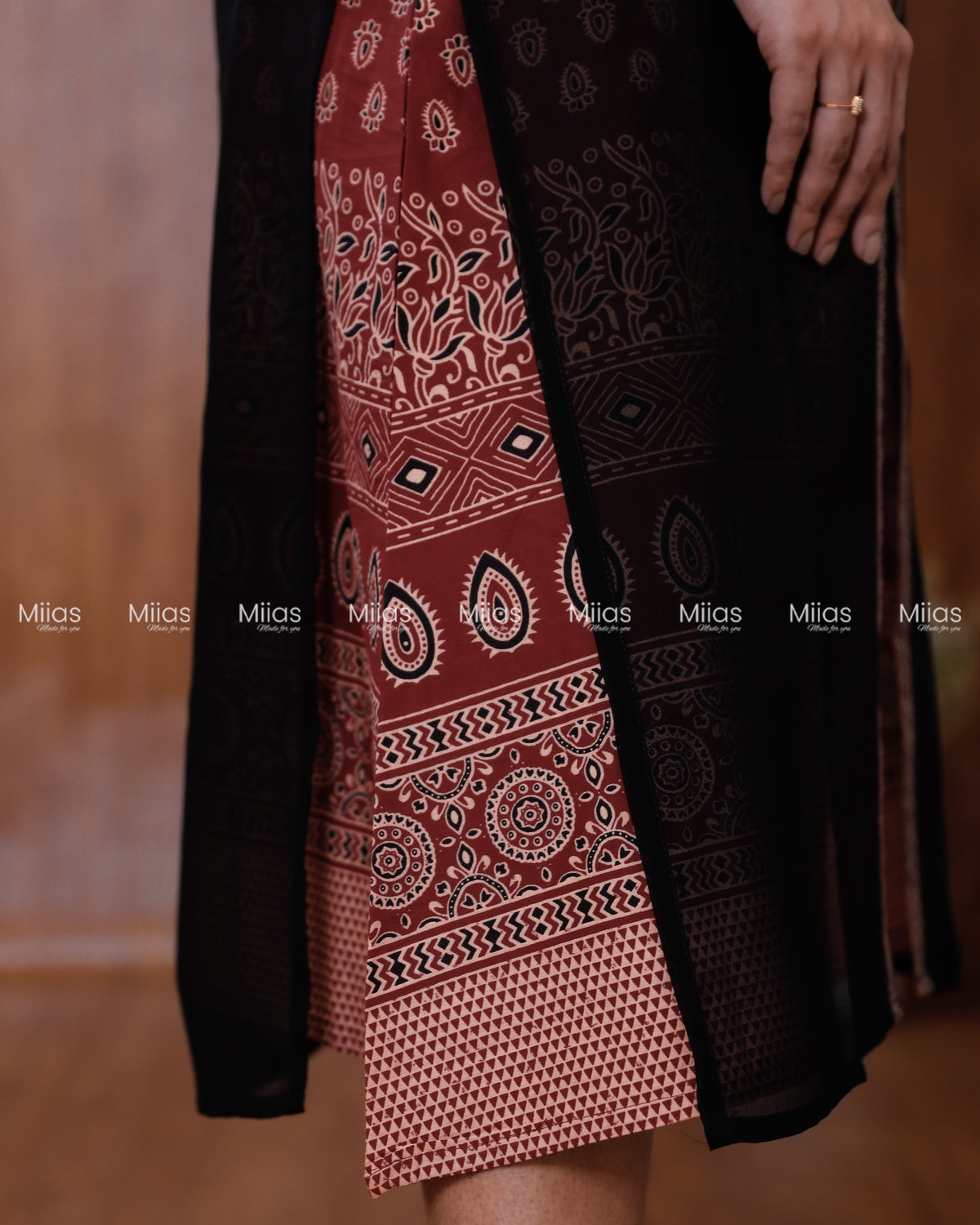 Georgette Two-Piece Set | Ajrakh Border Jacket + A-Line Dress | Black & Brick Red
