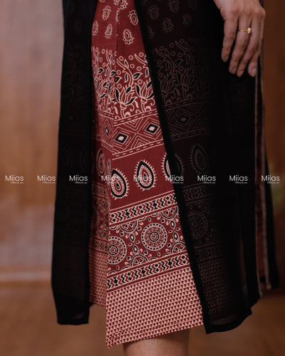 Georgette Two-Piece Set | Ajrakh Border Jacket + A-Line Dress | Black & Brick Red