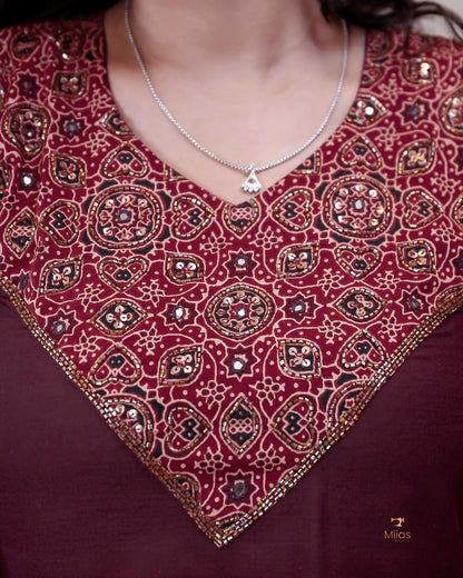 Cotton A-Line Kurti with Ajrakh Patchwork & Mirror Work-Wine Red