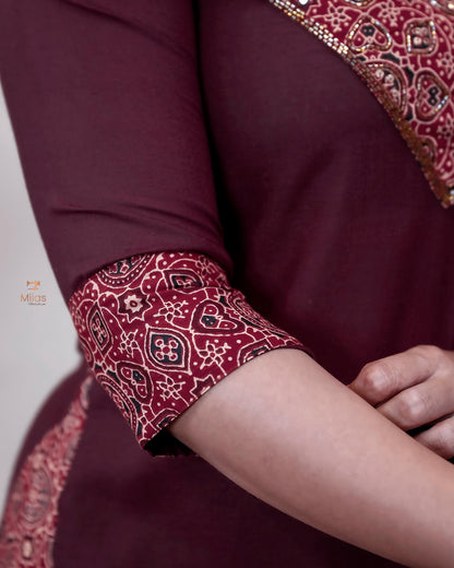 Cotton A-Line Kurti with Ajrakh Patchwork & Mirror Work-Wine Red