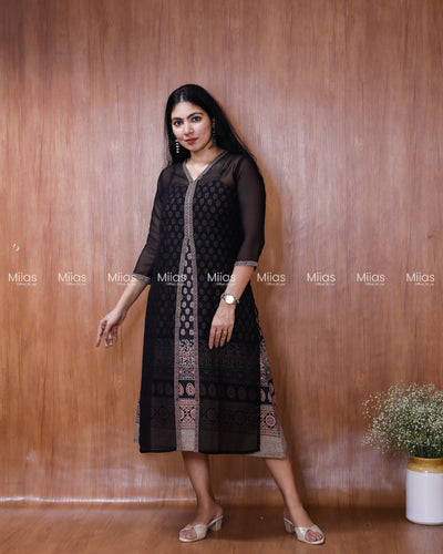 Georgette Two-Piece Set | Ajrakh Border Jacket + A-Line Dress | Black with Black