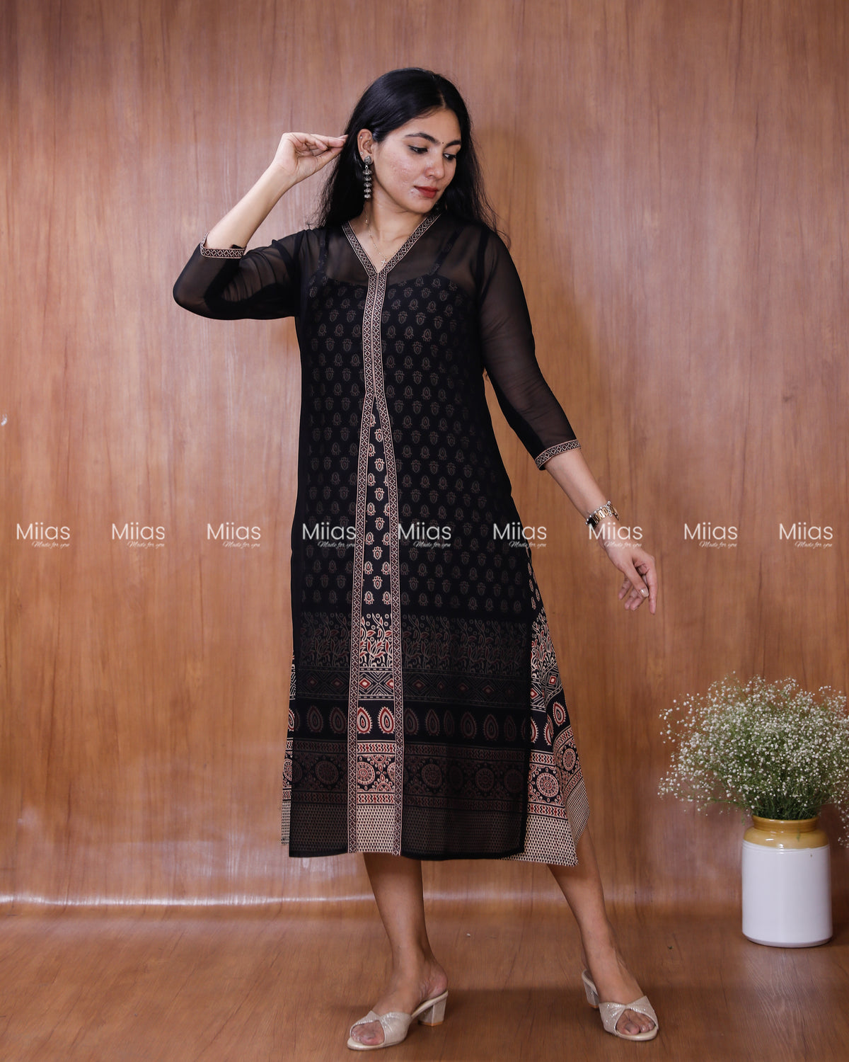 Georgette Two-Piece Set | Ajrakh Border Jacket + A-Line Dress | Black with Black