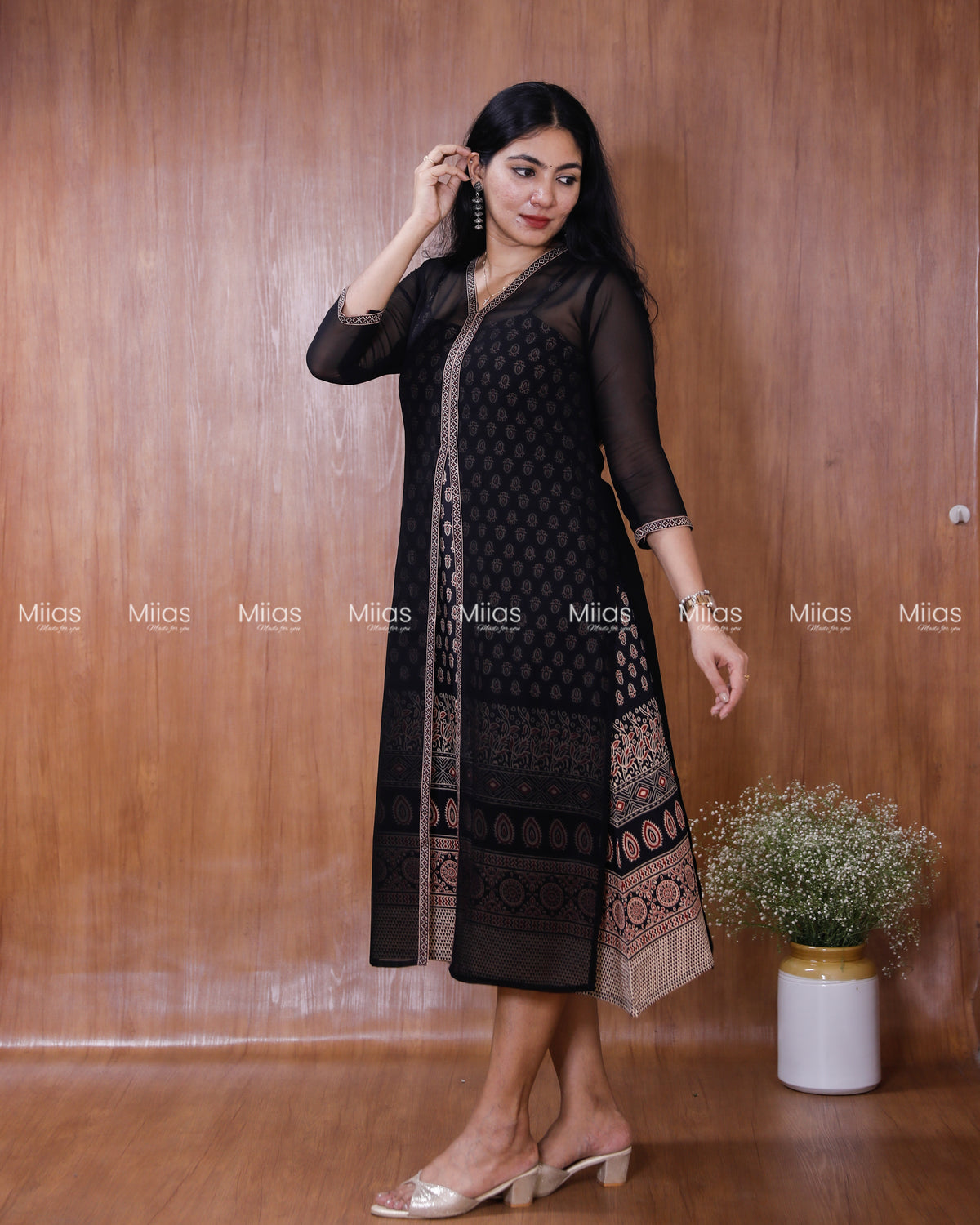 Georgette Two-Piece Set | Ajrakh Border Jacket + A-Line Dress | Black with Black