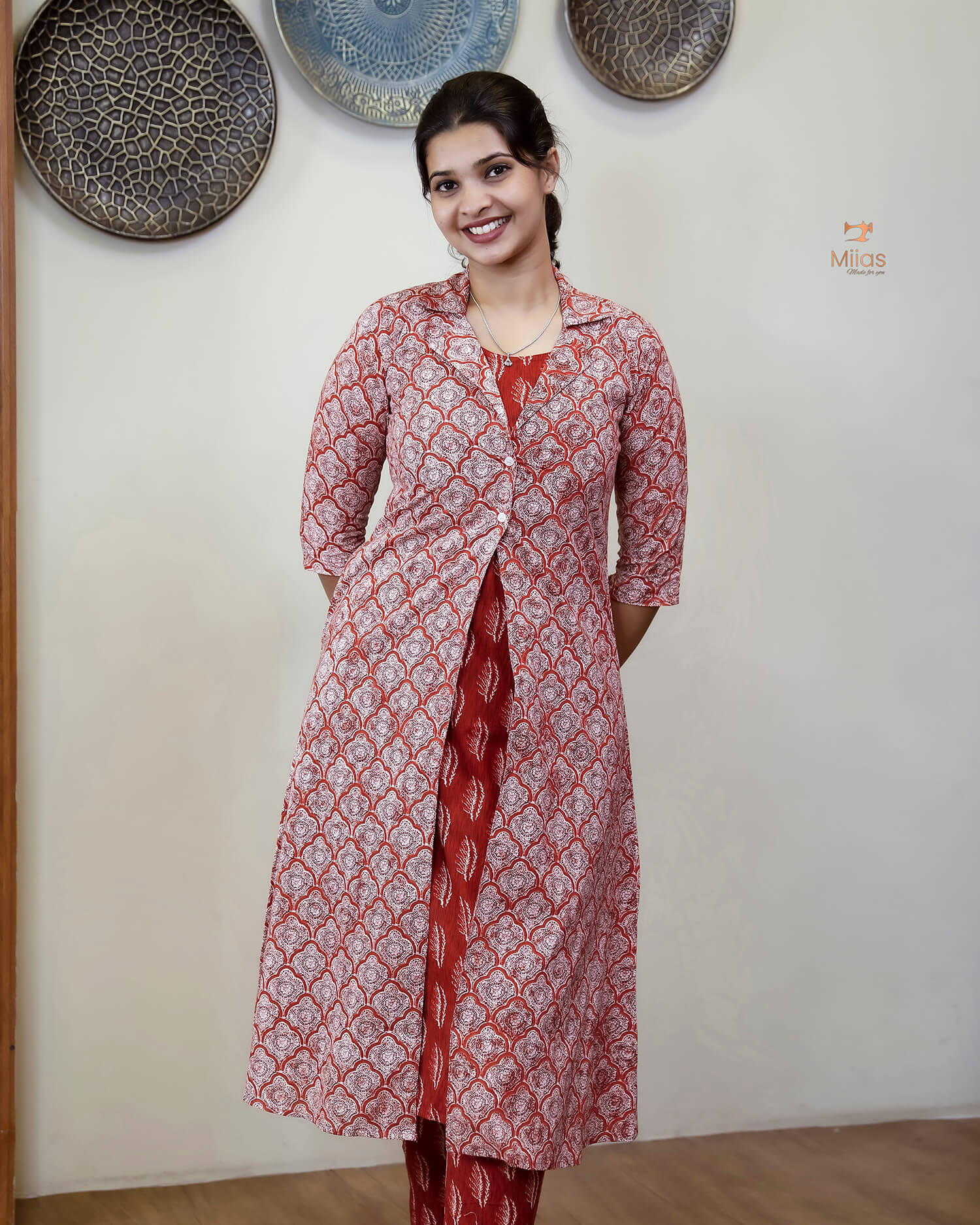 Cotton 3-Piece Set: Sleeveless Top, Bottom & Jacket-Orange Red