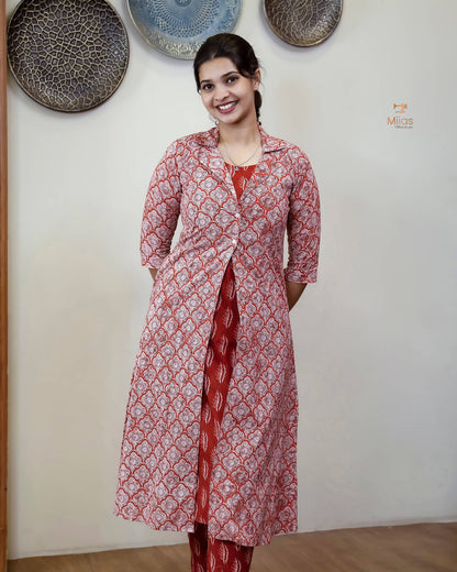 Cotton 3-Piece Set: Sleeveless Top, Bottom & Jacket-Orange Red