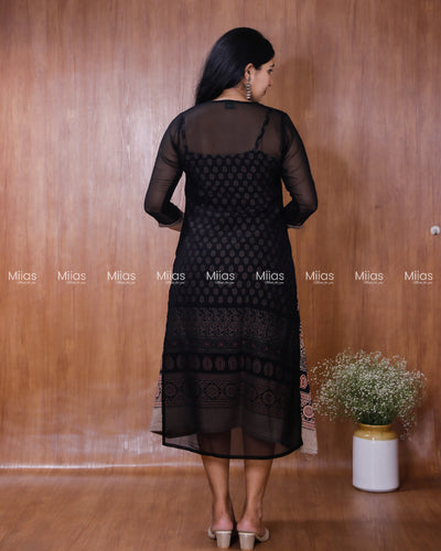 Georgette Two-Piece Set | Ajrakh Border Jacket + A-Line Dress | Black with Black