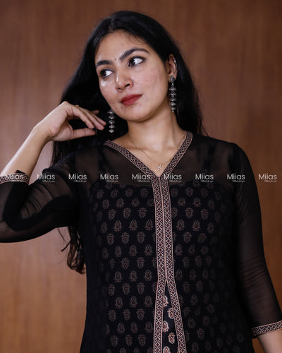 Georgette Two-Piece Set | Ajrakh Border Jacket + A-Line Dress | Black with Black