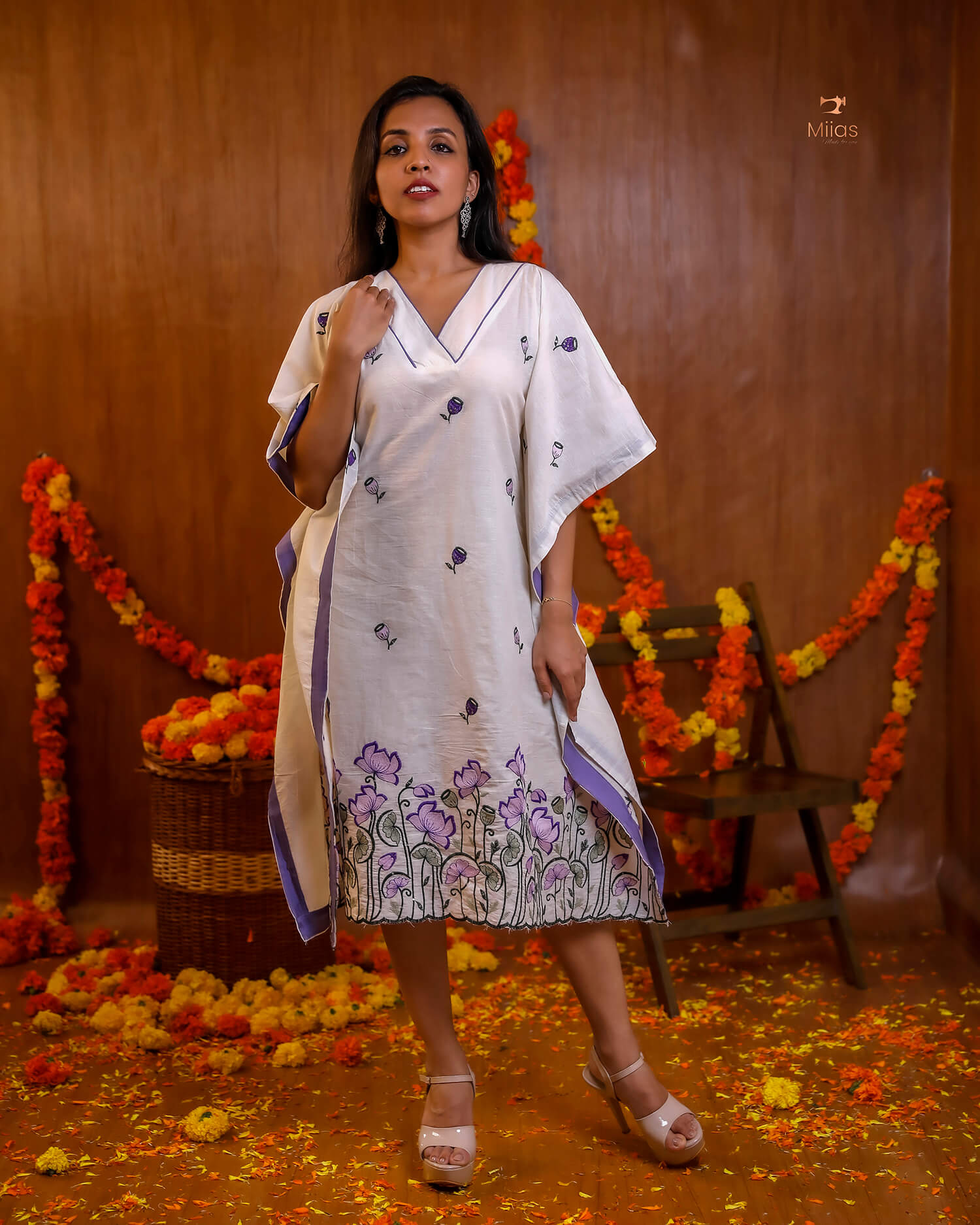 Embroidered Cotton Kaftan Dress – Relaxed V-Neck Resort Wear