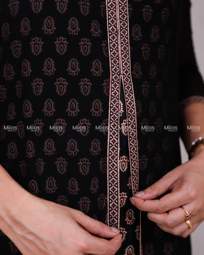 Georgette Two-Piece Set | Ajrakh Border Jacket + A-Line Dress | Black with Black