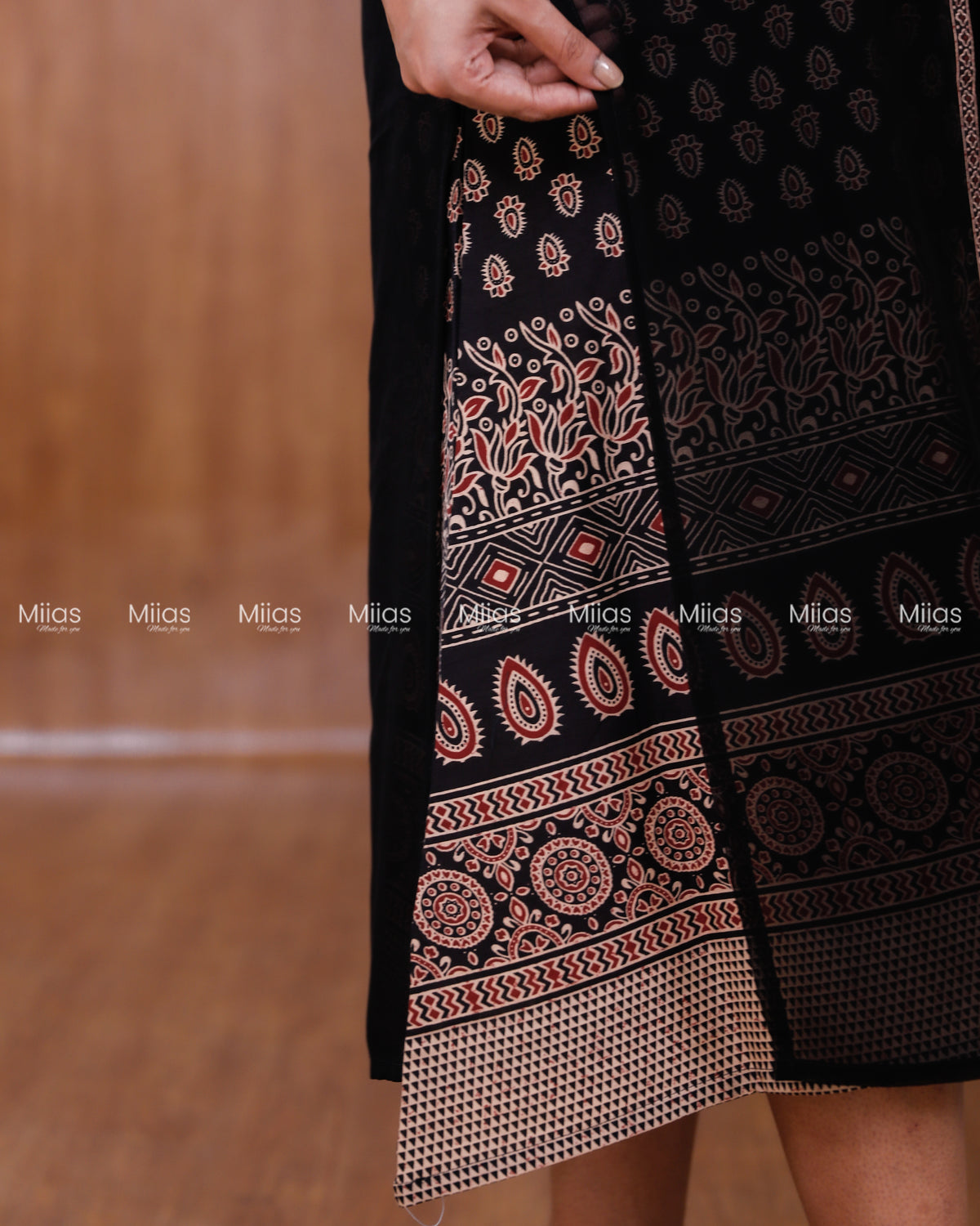 Georgette Two-Piece Set | Ajrakh Border Jacket + A-Line Dress | Black with Black