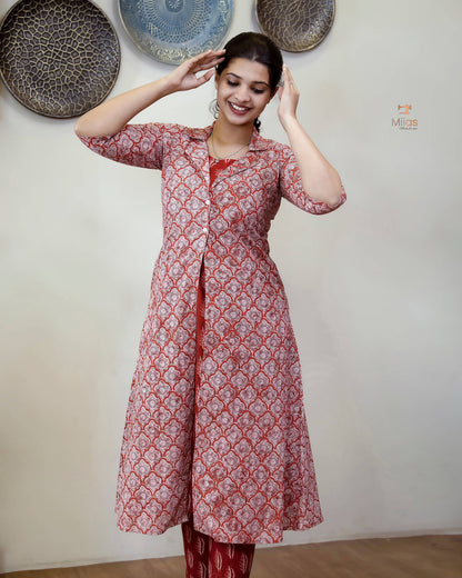 Cotton 3-Piece Set: Sleeveless Top, Bottom & Jacket-Orange Red