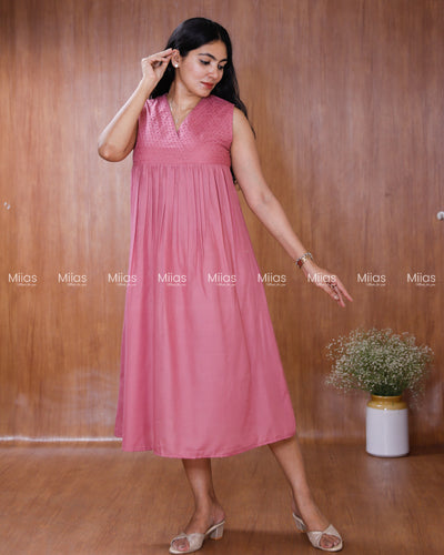 Cotton Dress Kurti | Hakoba Yoke + Pleats + A-Line Back | Pink