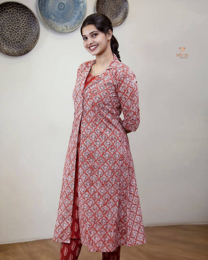 Cotton 3-Piece Set: Sleeveless Top, Bottom & Jacket-Orange Red