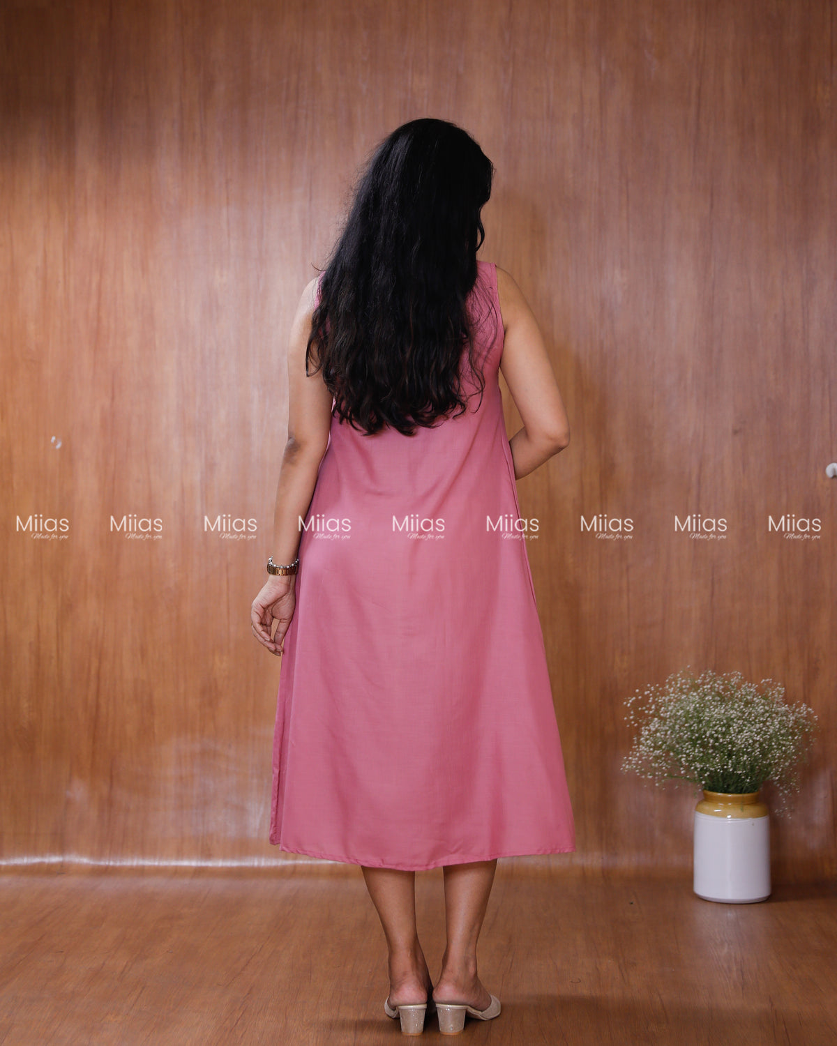 Cotton Dress Kurti | Hakoba Yoke + Pleats + A-Line Back | Pink