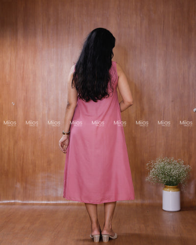 Cotton Dress Kurti | Hakoba Yoke + Pleats + A-Line Back | Pink