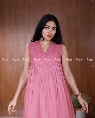 Cotton Dress Kurti | Hakoba Yoke + Pleats + A-Line Back | Pink