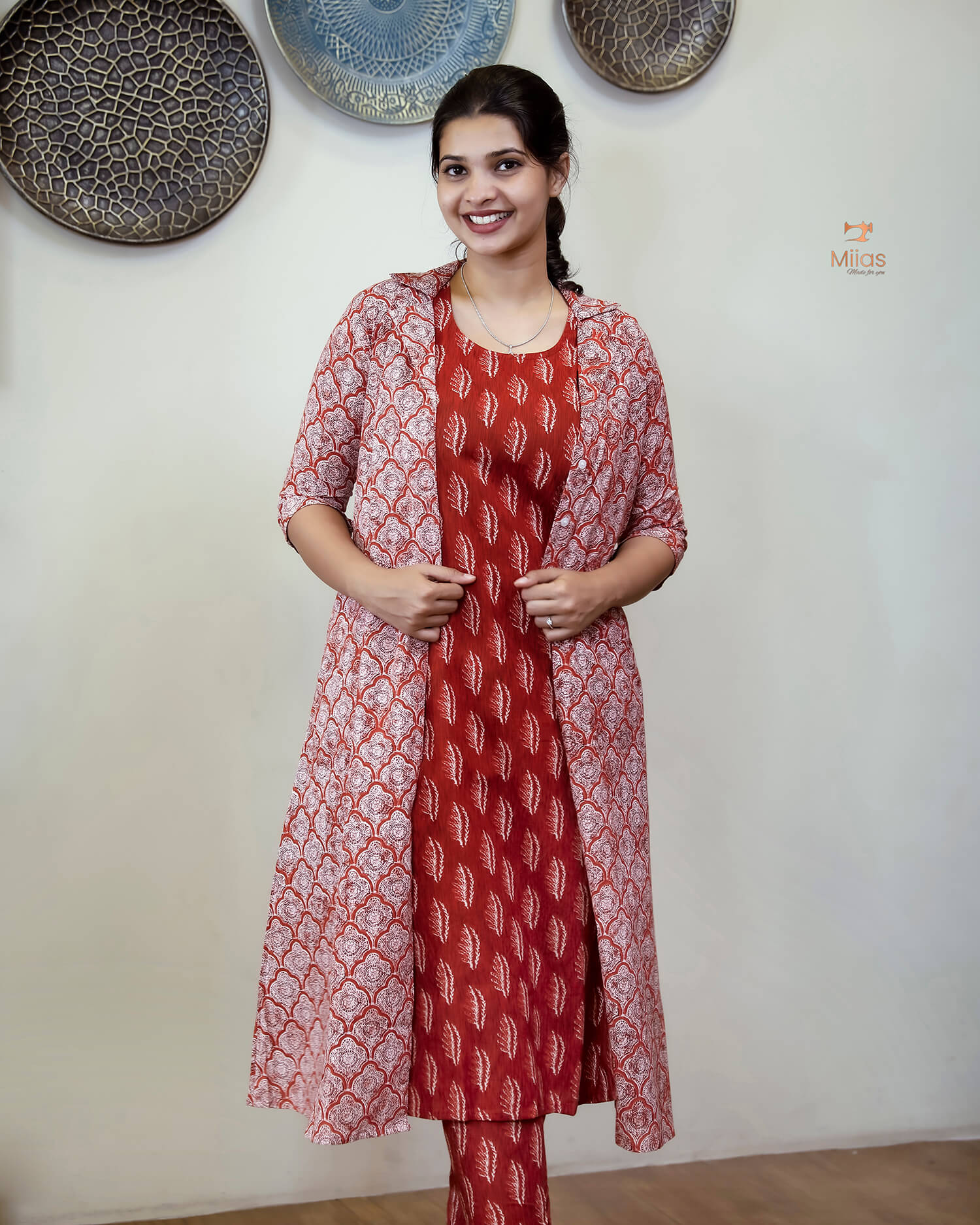 Cotton 3-Piece Set: Sleeveless Top, Bottom & Jacket-Orange Red