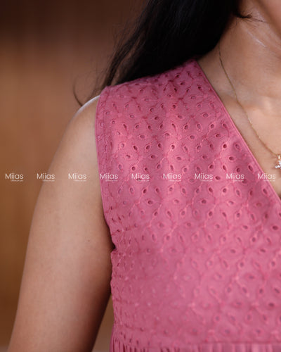 Cotton Dress Kurti | Hakoba Yoke + Pleats + A-Line Back | Pink