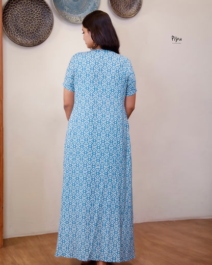 Cotton Lounge Dress: 55" Length with Pocket-Blue